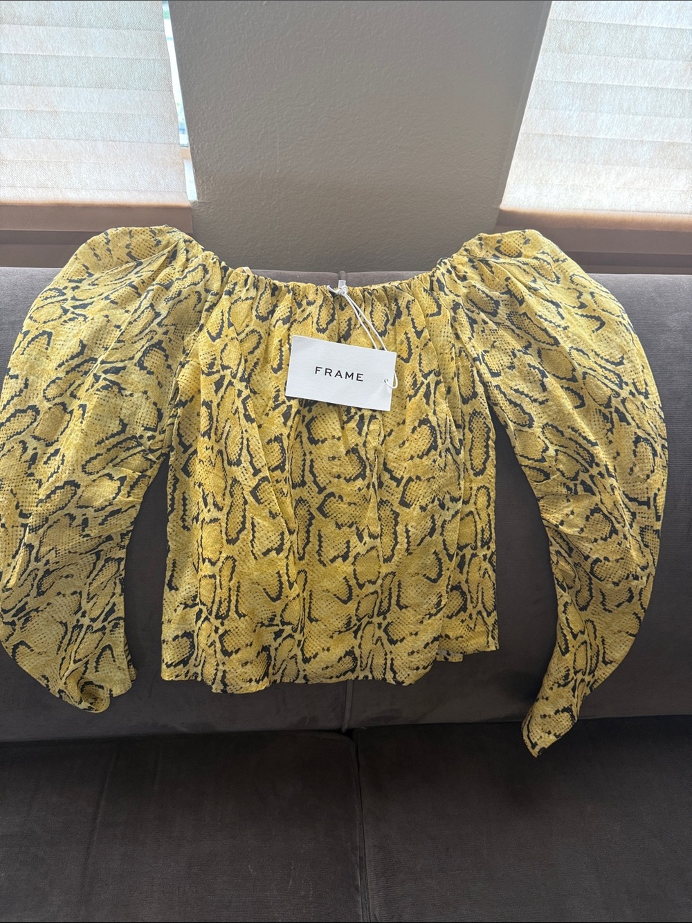 Frame Denim Yellow Snake-Print Off-Shoulder Puff-Sleeve Blouse